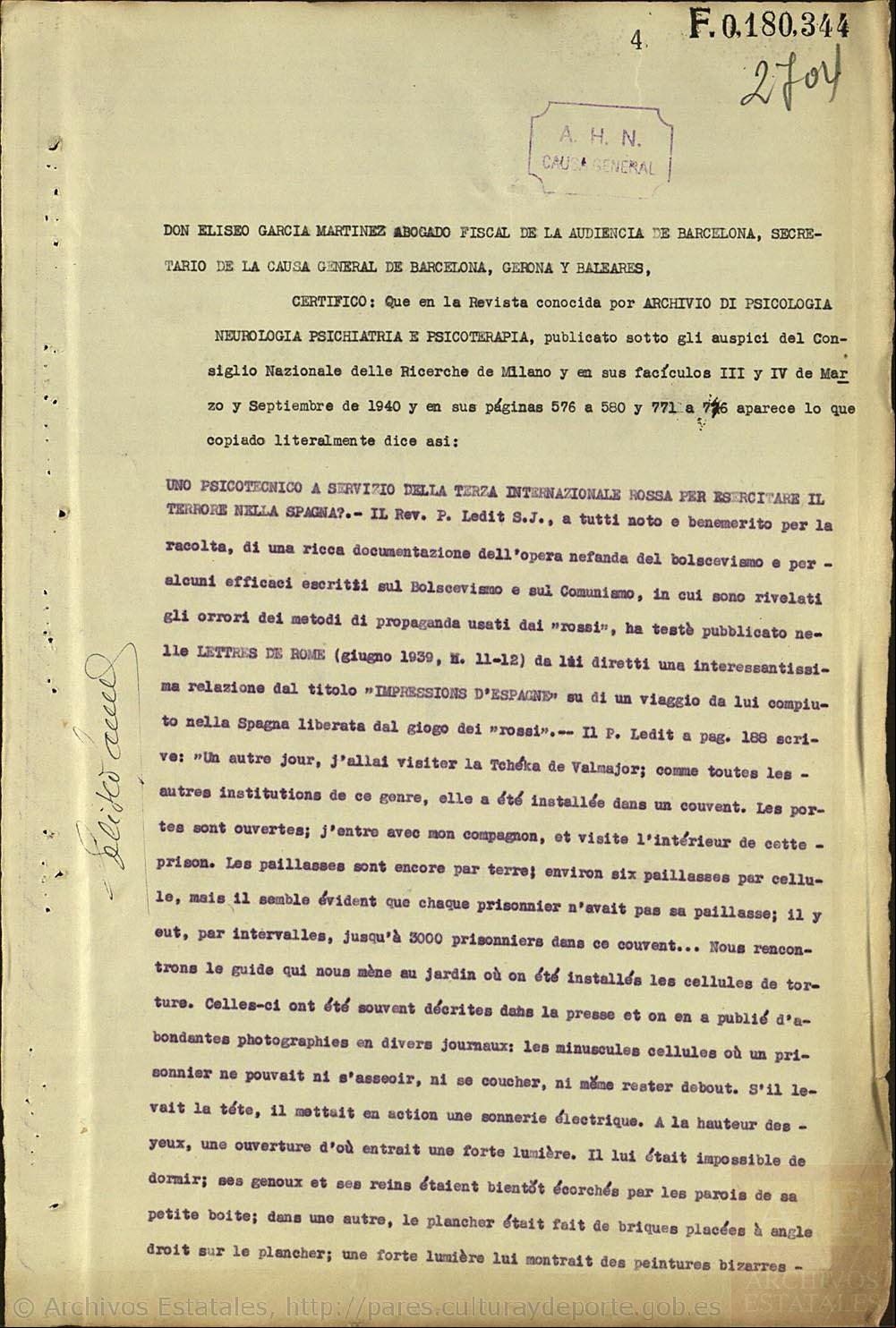 Documentos correspondientes a Causa General del A.H.N.Subdirección General de los Archivos EstatalesMinisterio de Cultura.España