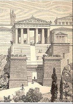 Dibujo de una reconstrucción imaginaria de los propileos, (Siglo xix), donde se ve la Puerta Beulé en primer término