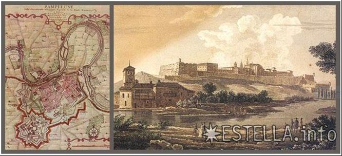 Pamplona era una plaza fuerte totalmente amurallada y con una ciudadela, aparentemente inexpugnable, levantada en el siglo XVI para oponerse a posibles incursiones sas. En la composición, a la izquierda, grabado francés del año 1719; a la derecha, las murallas vistas desde el río