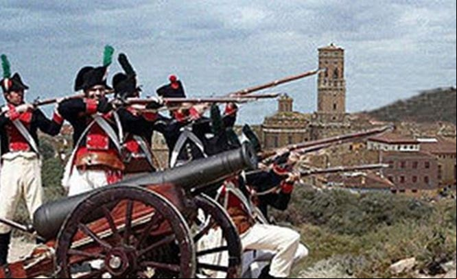 Recreación de la batalla de Tudela en el cerro de Santa Bárbara, con la torre de la catedral al fondo